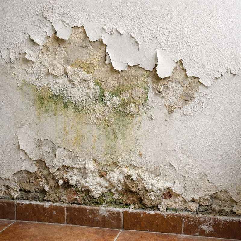 Salitre y desprendimiento de pintura en muro interior por humedad