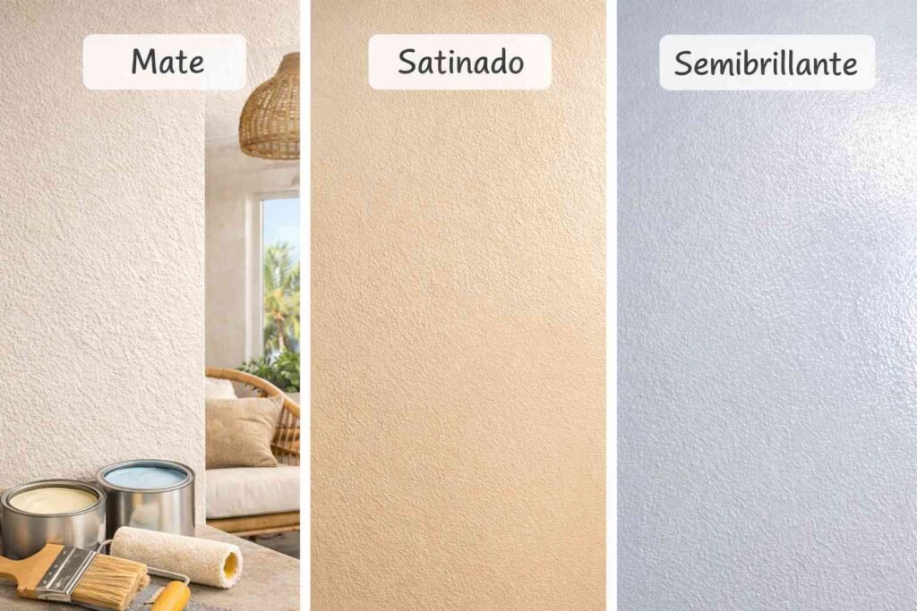 Comparación de acabados mate, satinado y semibrillante en pared interior