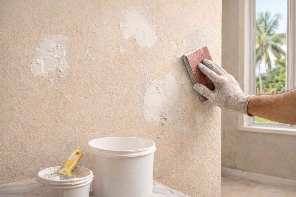 Preparación de pared con resane y lijado antes de pintar en Barranquilla