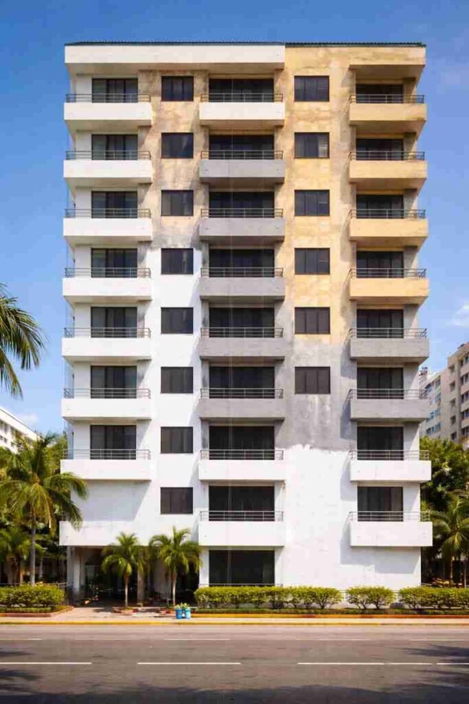 Edificio en Barranquilla con fachada en proceso de pintura por etapas