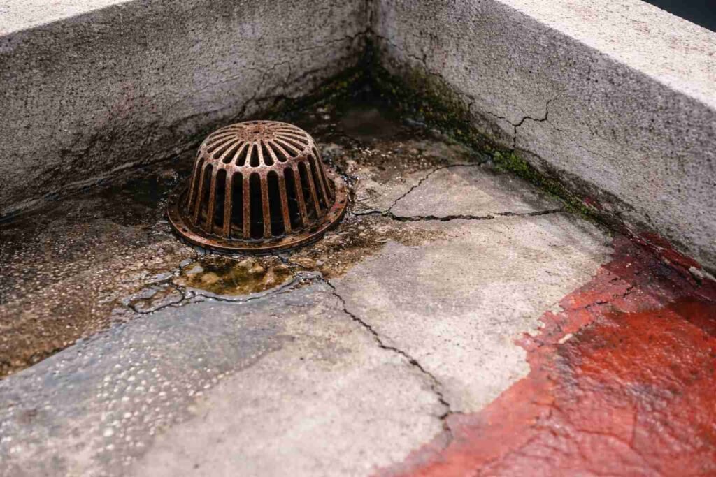 Desagüe de techo con fisuras y zona crítica de filtración en Barranquilla