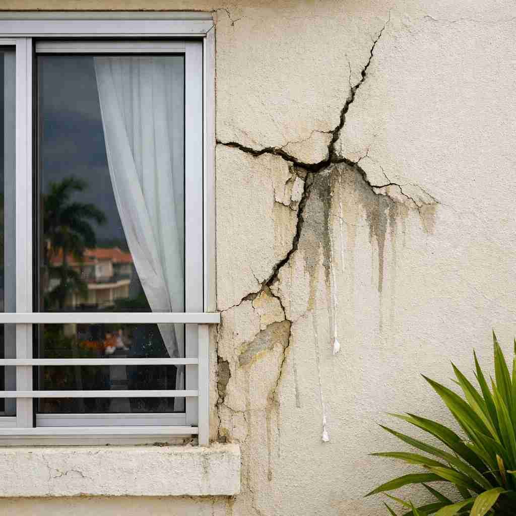Fisuras en fachada cerca de ventana que causan filtraciones en Barranquilla