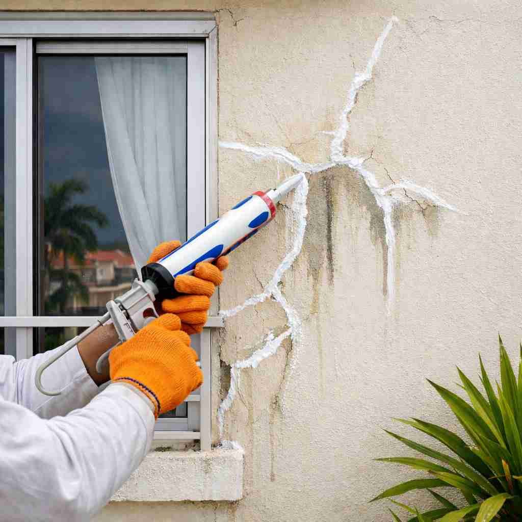 Aplicación de sellador en fachada antes de pintar en Barranquilla