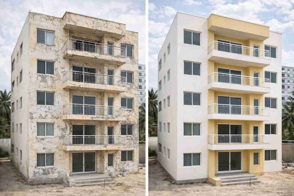 Antes y después de pintura de edificio con acabado uniforme en Barranquilla