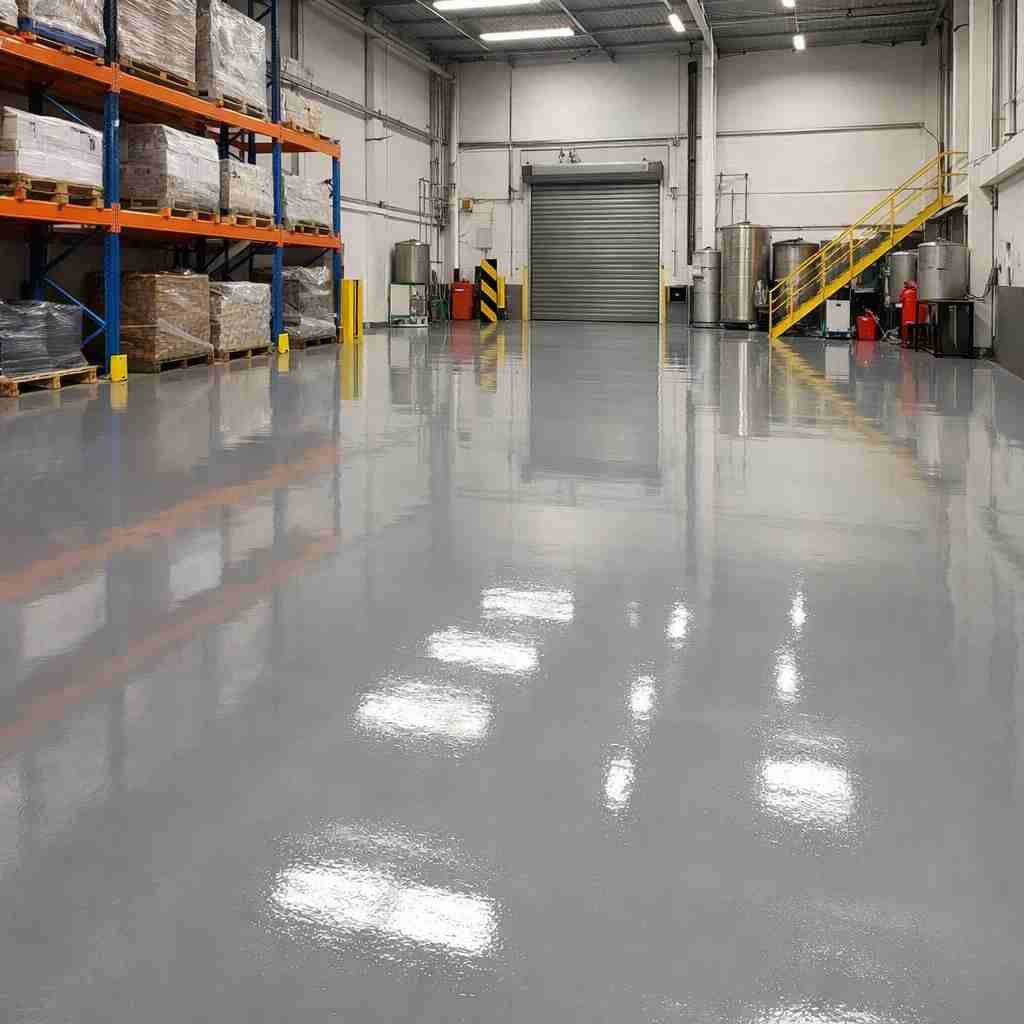 Piso con pintura epóxica aplicada en bodega en Barranquilla