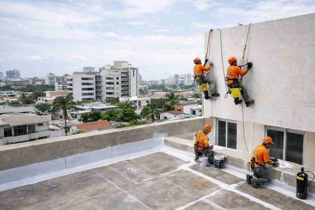 Equipo realizando mantenimiento preventivo en fachada y techo en Barranquilla