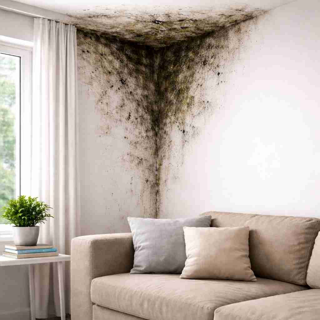 Hongo negro en esquina de pared interior por humedad en Barranquilla