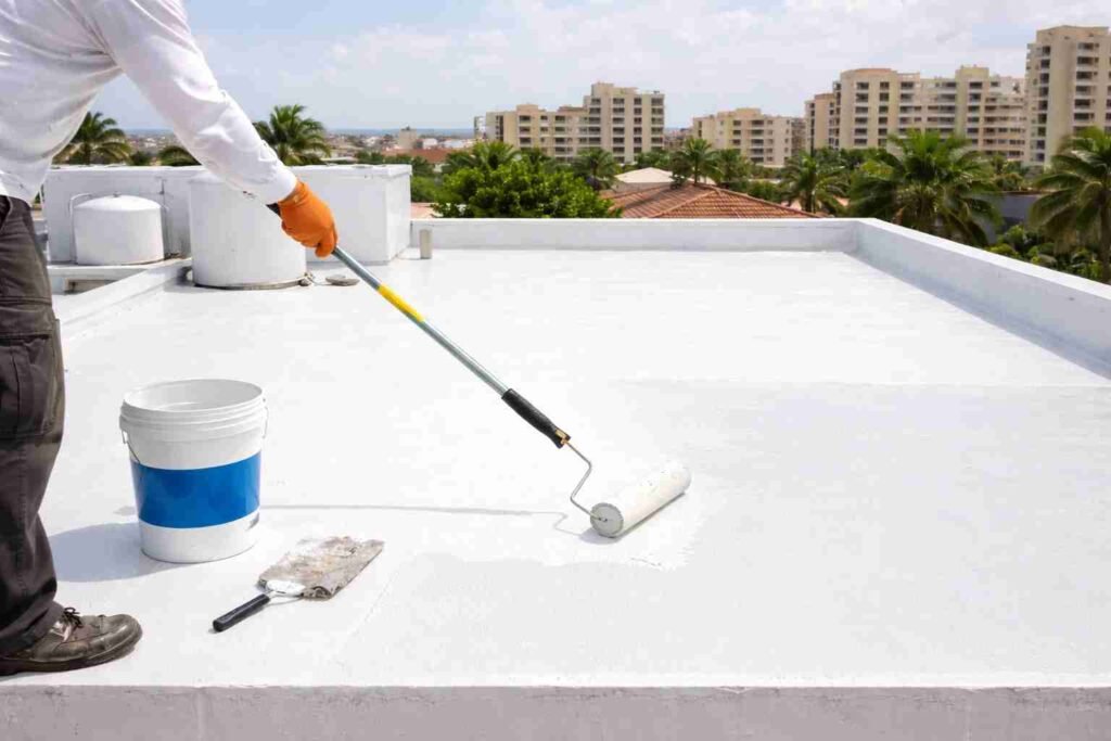 Aplicación de impermeabilizante acrílico con rodillo en techo en Barranquilla