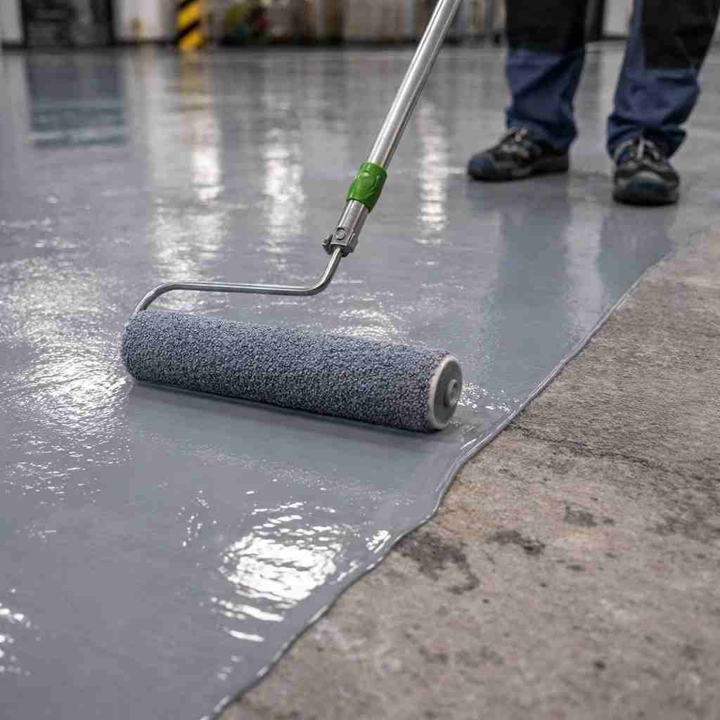 Aplicación de pintura epóxica con rodillo en piso de alto tráfico