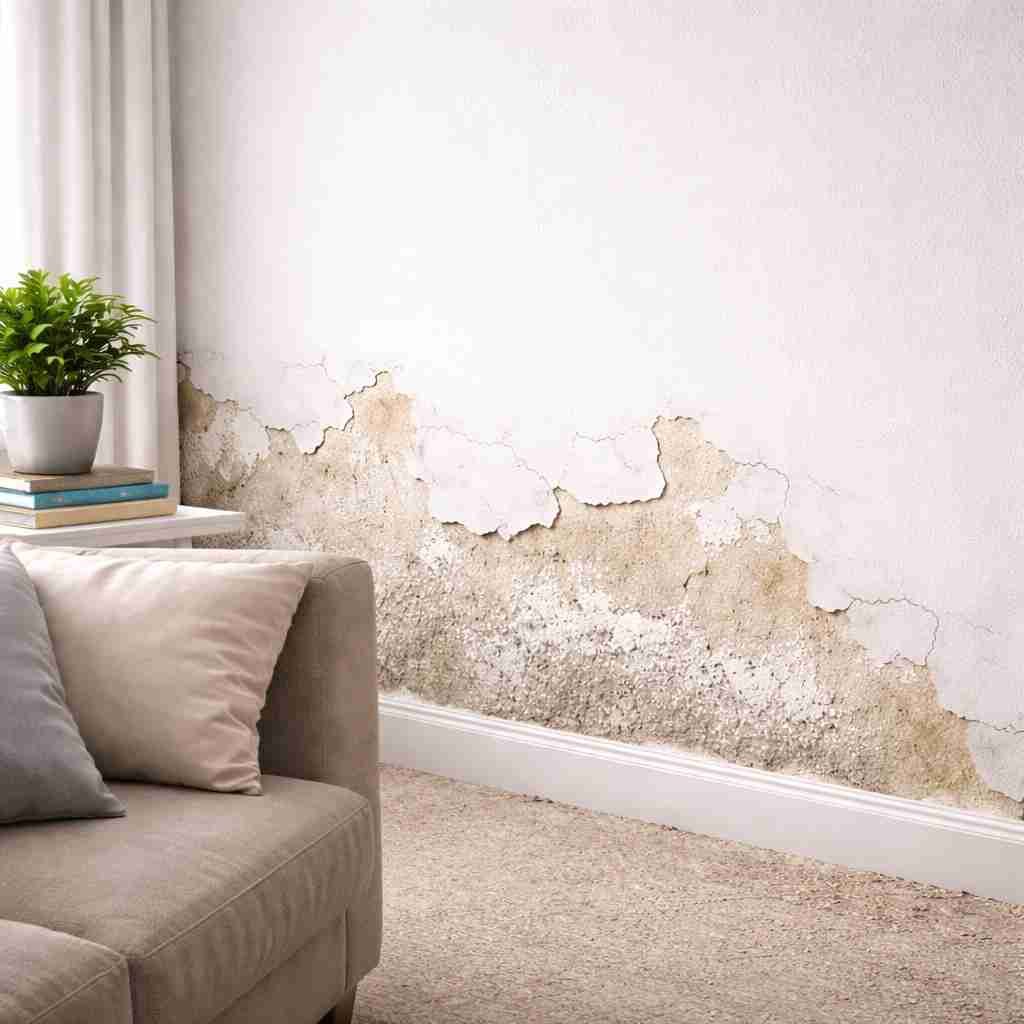 Salitre y descascaramiento de pintura por humedad en pared en Barranquilla