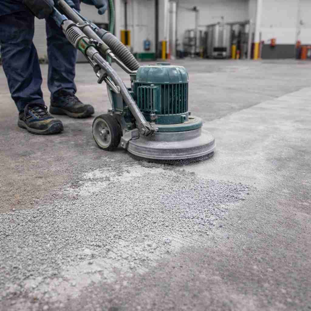 Preparación de piso con lijado/perfilado antes de aplicar recubrimiento epóxico.