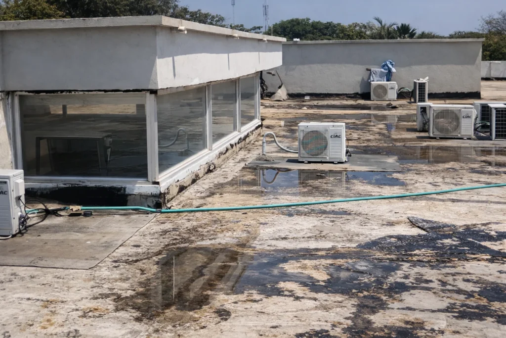 Antes: manto asfáltico cristalizado y roto con empozamientos en cubierta de losa en Soledad, Atlántico