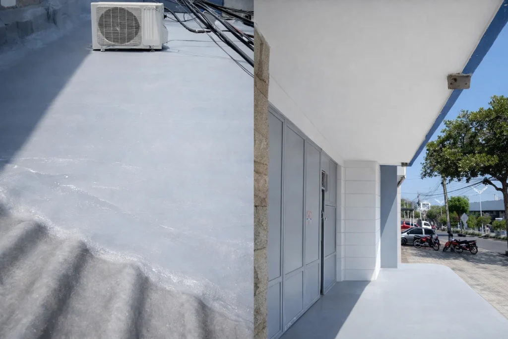 Caso de éxito: Reparación de filtraciones en techos — Seguridad Atlas en Barranquilla (oficina/local) 8 Después: cubierta segura sin filtraciones, losa de entrada impermeabilizada y fachada renovada en Barranquilla